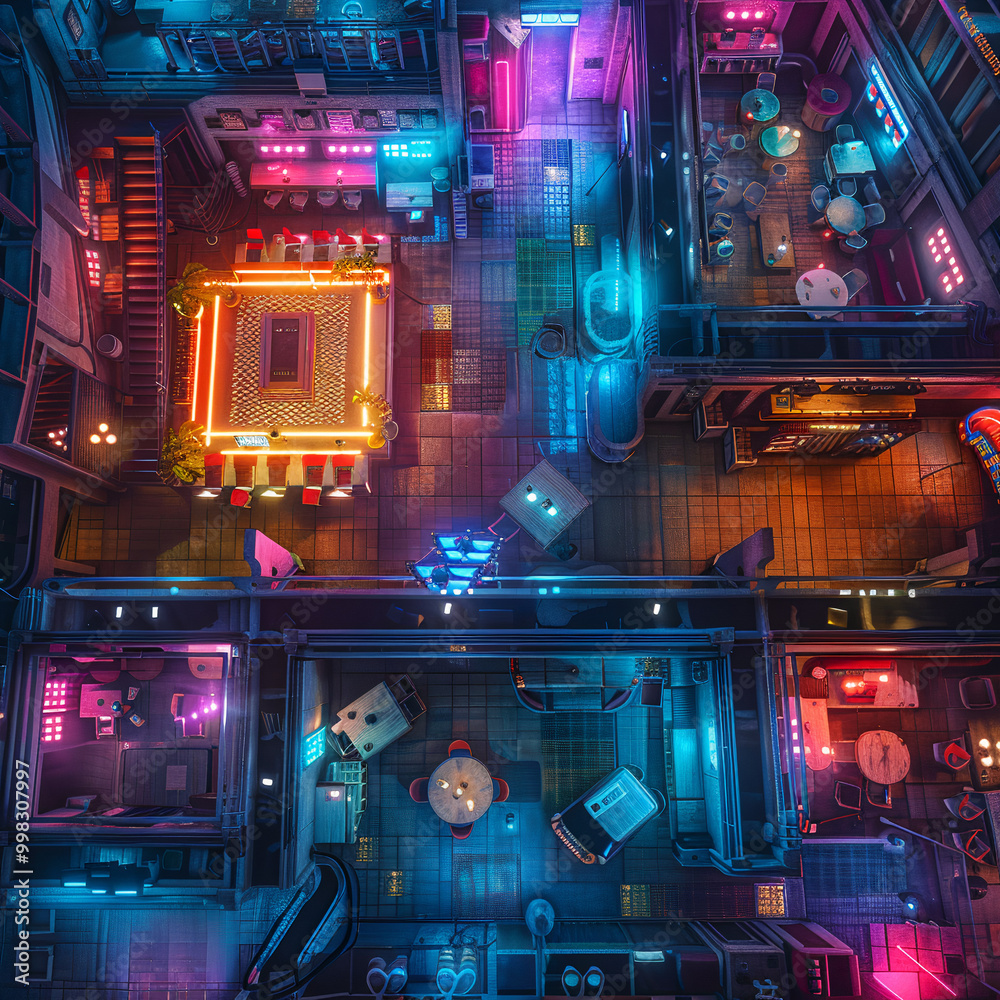 High-Tech Cyberpunk Battle Map for DnD, Top-Down Sci-Fi Map for Tabletop Role-Playing Games, Futuristic Urban Adventure Background, Virtual Tabletop Resource for Dark Cityscapes and Neon-Lit Environme High-Tech Cyberpunk Battle Map for DnD, Top-Down Sci-Fi Map for Tabletop Role-Playing Games, Futuristic Urban Adventure Background, Virtual Tabletop Resource for Dark Cityscapes and Neon-Lit Environme