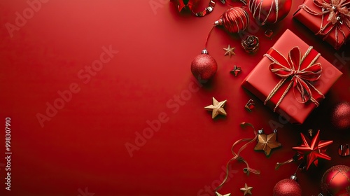 A festive red Christmas scene with wrapped gifts, ornaments, and pine branches. AI generated image