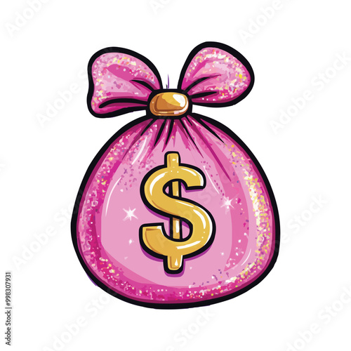 A pink glittery money bag with dollar signs vector