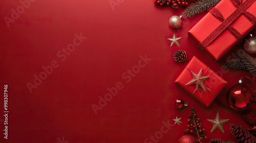 A festive red Christmas scene with wrapped gifts, ornaments, and pine branches. AI generated image