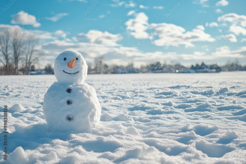 Fototapeta premium A Smiling Snowman Standing in a Snowy Field Under a Blue Sky
