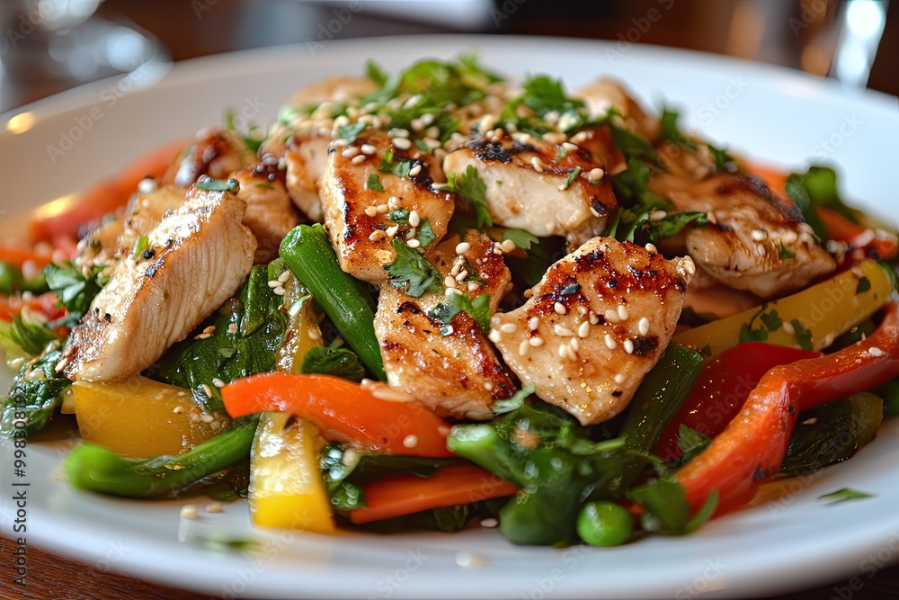 Grilled chicken and vegetables on a plate. A perfect image for illustrating a healthy and delicious meal. Grilled chicken and vegetables on a plate. A perfect image for illustrating a healthy and delicious meal.