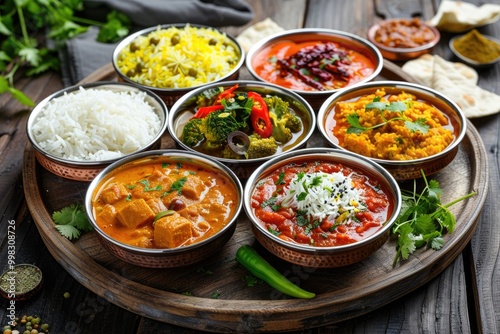 Colorful Assortment of Traditional Indian Dishes in Bowls on Wooden Table