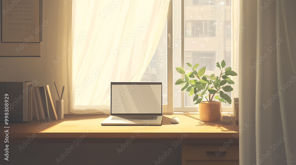 Minimalist workspace featuring a small desk, laptop, and plant on a windowsill. The room is bathed in soft, natural light with neutral tones throughout Minimalist workspace featuring a small desk, laptop, and plant on a windowsill. The room is bathed in soft, natural light with neutral tones throughout