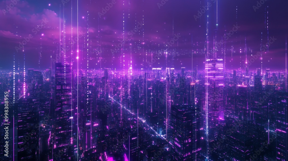 Creative glowing purple night city wallpaper with digital data lines all over. Smart city, VR, AI and innovation concept. Double exposure Creative glowing purple night city wallpaper with digital data lines all over. Smart city, VR, AI and innovation concept. Double exposure
