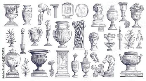 Doodle ancient Roman line stickers, statues and sculptures with vases and antique architectural elements. Vector collection of artwork and monuments.