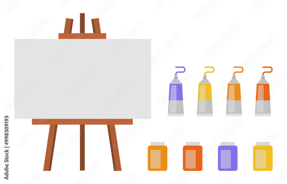 A blank canvas awaits creativity with vibrant paint tubes neatly arranged on a wooden easel in a bright, inviting studio.