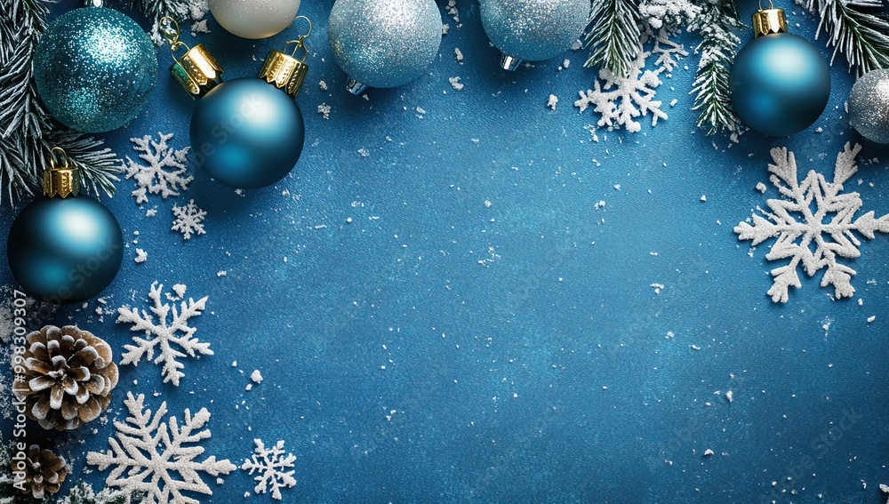 A winter-themed blue background with snowflakes and shiny blue Christmas ornaments. AI generated image A winter-themed blue background with snowflakes and shiny blue Christmas ornaments. AI generated image