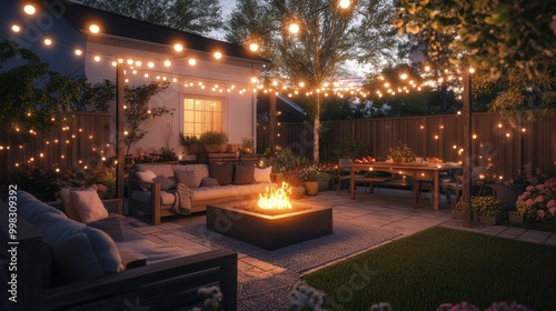 A backyard patio decorated with outdoor string lights, cozy seating, and a fire pit, creating a warm and inviting atmosphere for a summer evening gathering.