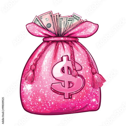 A pink glittery money bag with dollar signs vector