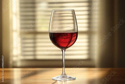 A glass of red wine sits on a wooden table in front of a window with blinds.