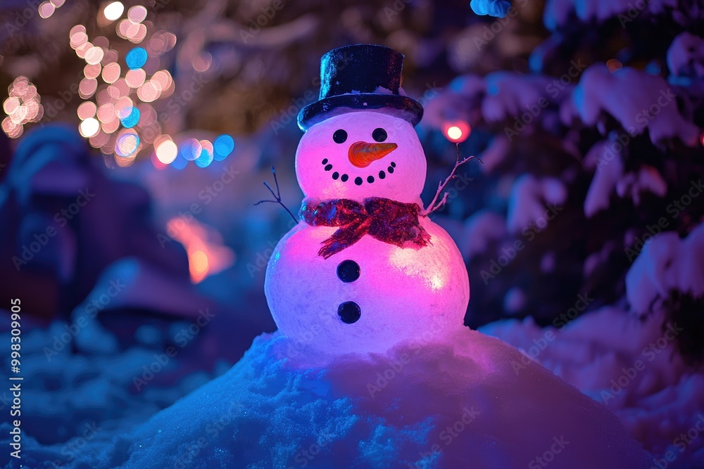 Obraz premium Luminous Snowman with a Red Scarf in a Snowy Setting