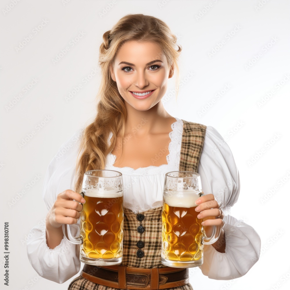 Woman in Bavarian outfit holding beer mugs at event celebrating German tradition symbolizing the joyful spirit of Oktoberfest isolated on white background Woman in Bavarian outfit holding beer mugs at event celebrating German tradition symbolizing the joyful spirit of Oktoberfest isolated on white background