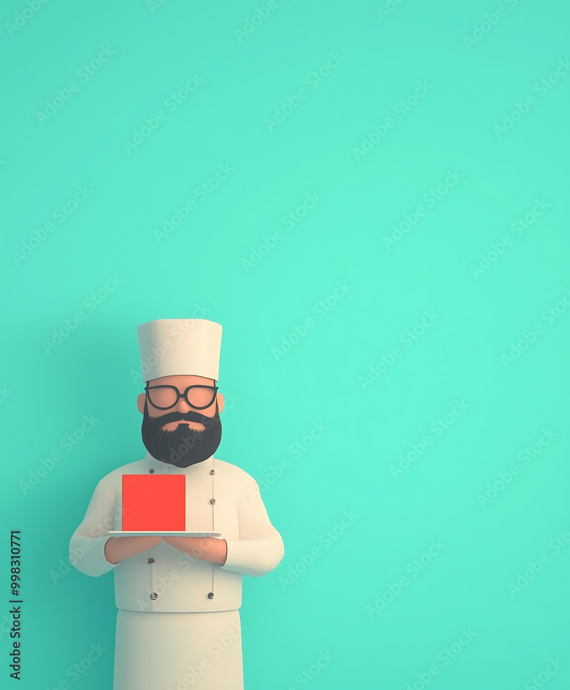 Cartoon Chef with Sunglasses Holding a Red Tablet on Bright Turquoise Background Cartoon Chef with Sunglasses Holding a Red Tablet on Bright Turquoise Background