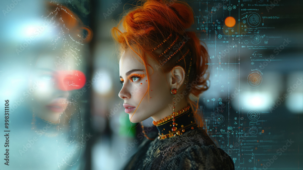 Elegant Red-Haired Woman with Glitter Makeup and Vintage Black Dress
Elegant Red-Haired Woman with Glitter Makeup and Vintage Black Dress