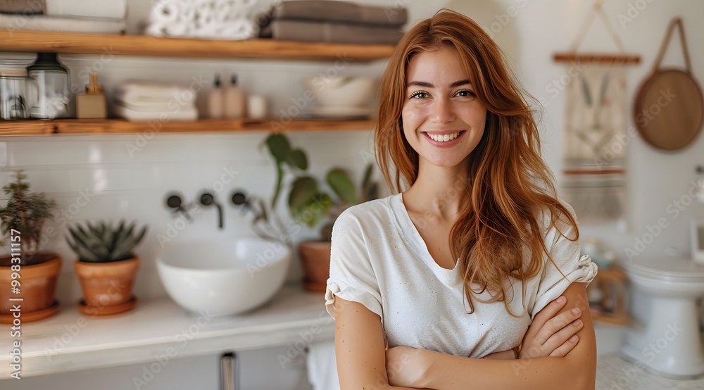 Facial Expression of Joy: Woman Standing in a Minimalist Interior Facial Expression of Joy: Woman Standing in a Minimalist Interior