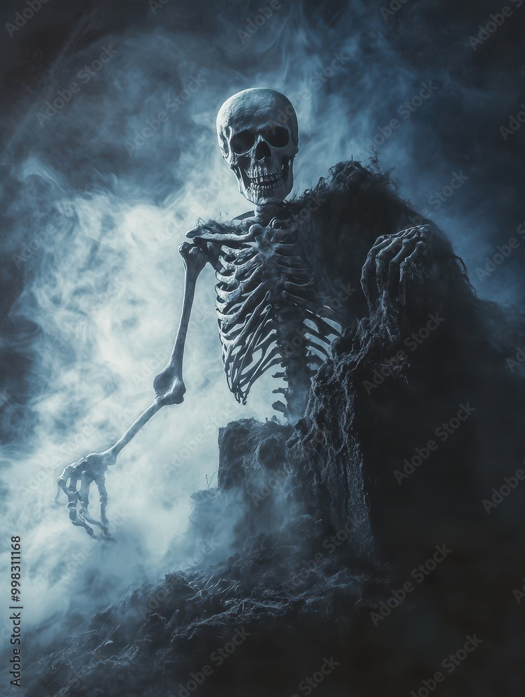 A haunting skeleton sits amidst swirling smoke, creating a spooky and atmospheric scene perfect for Halloween or gothic themes.