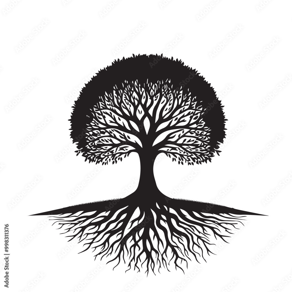 Naklejka premium Tree silhouette. Big tree vector silhouette design. Tree with root vector illustration. Tree logo, icon black and white.