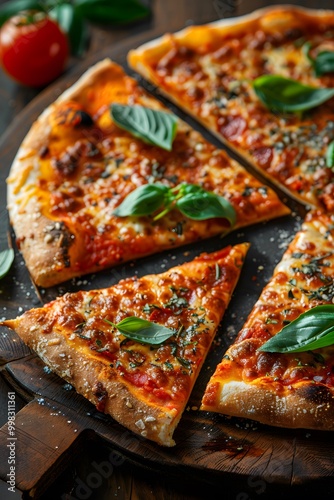 Appetizing Margherita Pizza: Intricate Details of Cheese, Tomato, and Spice photo