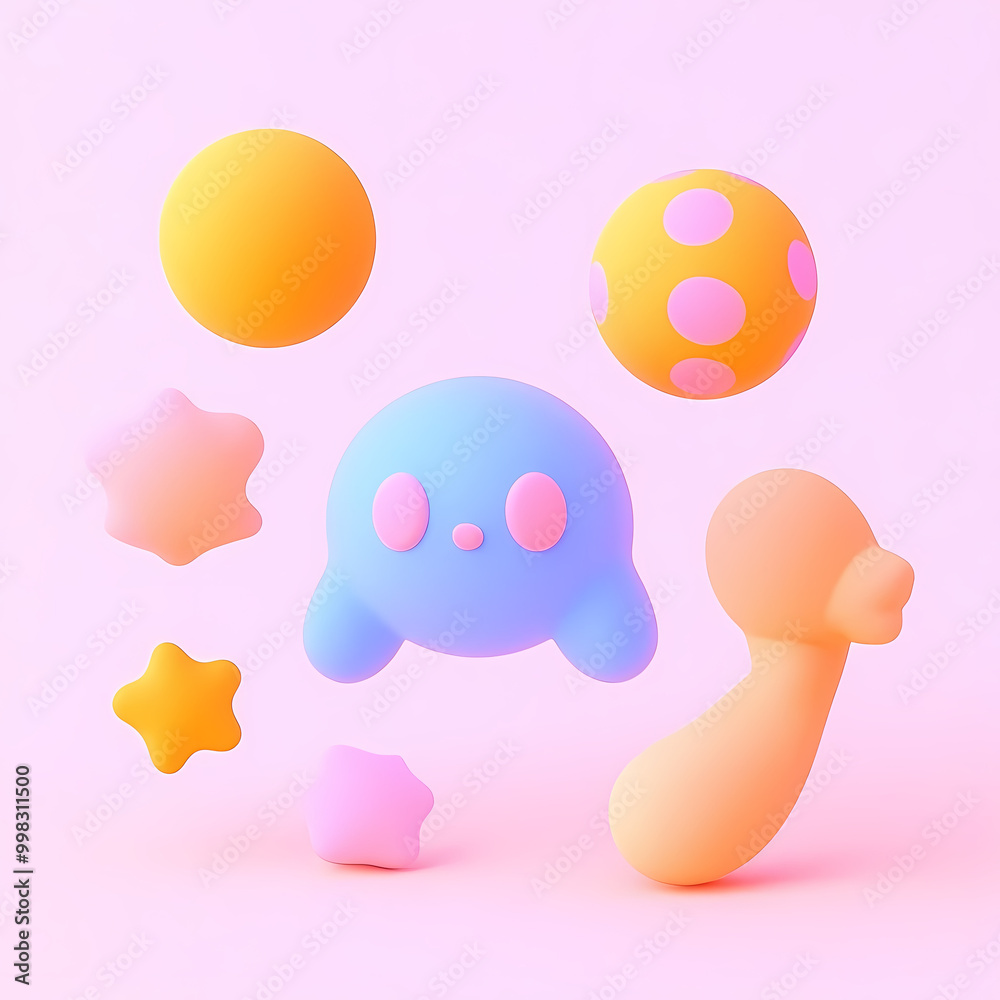 Whimsical 3D Playful Scene with Cute Blue Ghost and Colorful Objects Whimsical 3D Playful Scene with Cute Blue Ghost and Colorful Objects