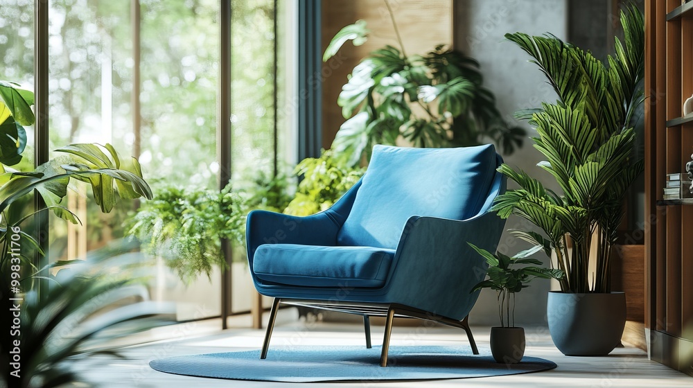 Elegant blue armchair and plants create a cozy living room atmosphere. The interior design features shades of blue and greenery, making it a stylish and inviting space. Elegant blue armchair and plants create a cozy living room atmosphere. The interior design features shades of blue and greenery, making it a stylish and inviting space.