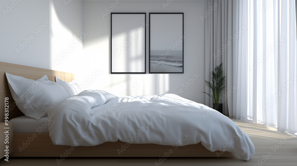 Modern minimalist bedroom with clean white sheets, a single throw pillow, and light wood flooring Modern minimalist bedroom with clean white sheets, a single throw pillow, and light wood flooring