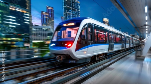 Modern train speeding through an urban station at night.