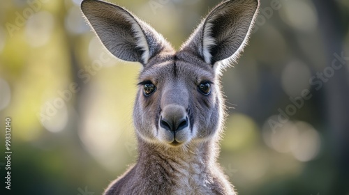 A close-up of a kangaroo's face, highlighting its large, expressive eyes and distinctive ears as it curiously looks toward the camera.