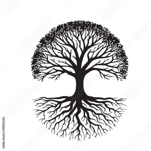 Tree silhouette. Big tree vector silhouette design. Tree with root vector illustration. Tree logo, icon black and white.
