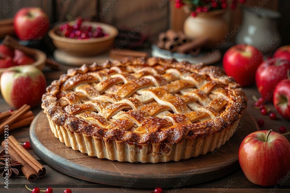 A pie with lattice crust and apples on a wooden table A pie with lattice crust and apples on a wooden table