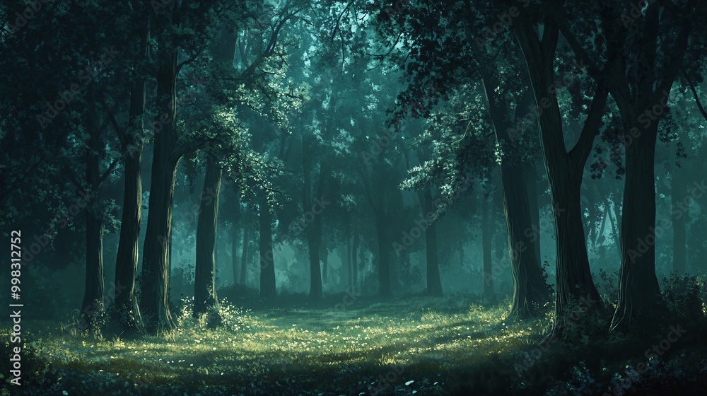 Fototapeta premium A path through a dark, mysterious forest, illuminated by a soft, ethereal glow.