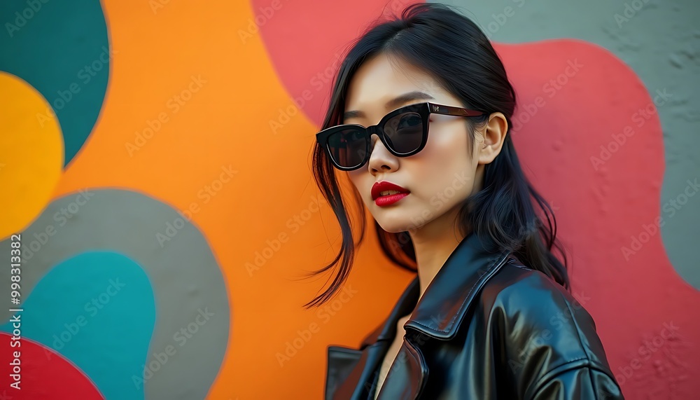 photoshoot of an elegant a Asian woman wearing sunglasses and stylish , standing in front of colorful abstract shapes photoshoot of an elegant a Asian woman wearing sunglasses and stylish , standing in front of colorful abstract shapes