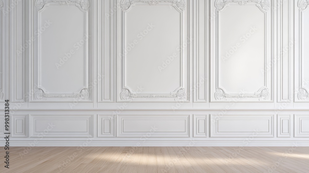 Elegant interior with white classic wall panel and light brown wooden floor. Bright background with luxury and elegant molding frames. Realistic 3D vector illustration of home or office design.