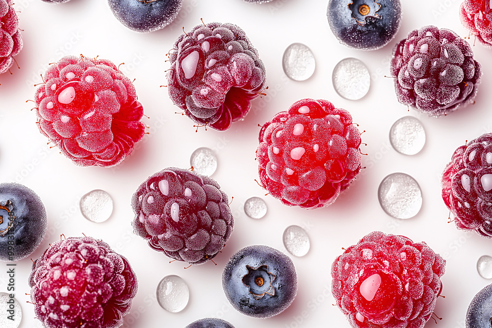 Frosted raspberries and blueberries create vibrant, colorful display, showcasing their rich textures and glistening surfaces. droplets add refreshing touch to this delightful arrangement