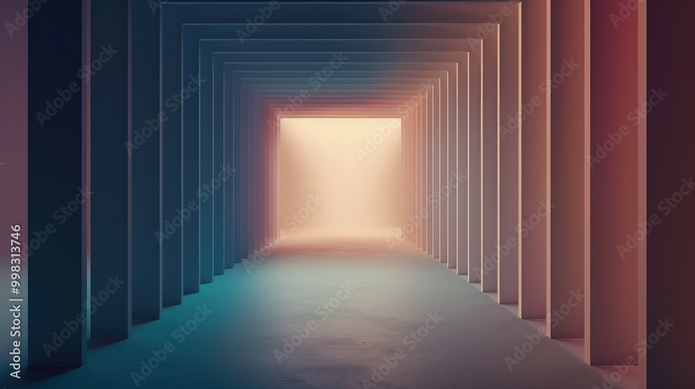 A long hallway with a light shining through the doorway A long hallway with a light shining through the doorway