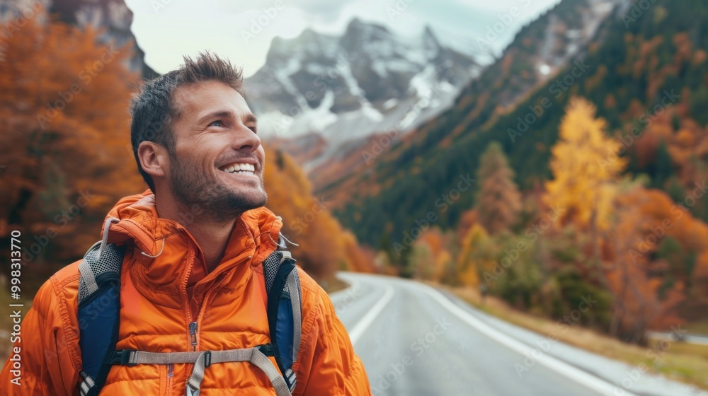 A man in an orange jacket is smiling and looking out at the mountains A man in an orange jacket is smiling and looking out at the mountains