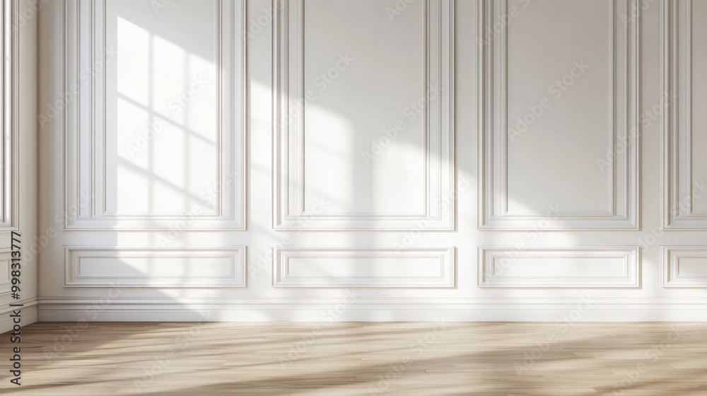 Elegant interior with white classic wall panel and light brown wooden floor. Bright background with luxury and elegant molding frames. Realistic 3D vector illustration of home or office design. Elegant interior with white classic wall panel and light brown wooden floor. Bright background with luxury and elegant molding frames. Realistic 3D vector illustration of home or office design.