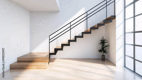 Modern minimalist staircase with black metal railings and floating wood steps, surrounded by clean, white walls