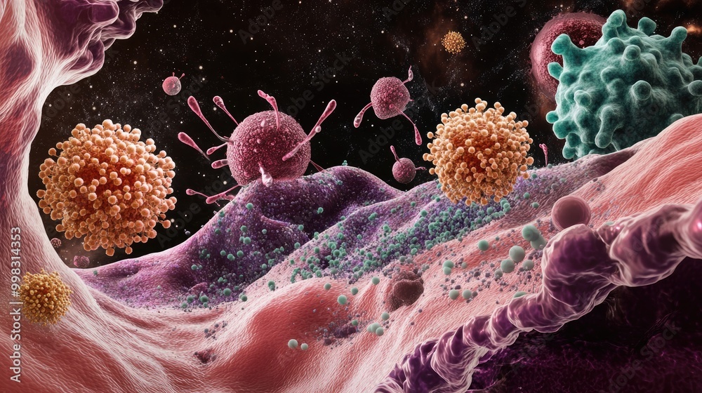 Tumor microenvironment featuring cancer cells T cells nanoparticles ...