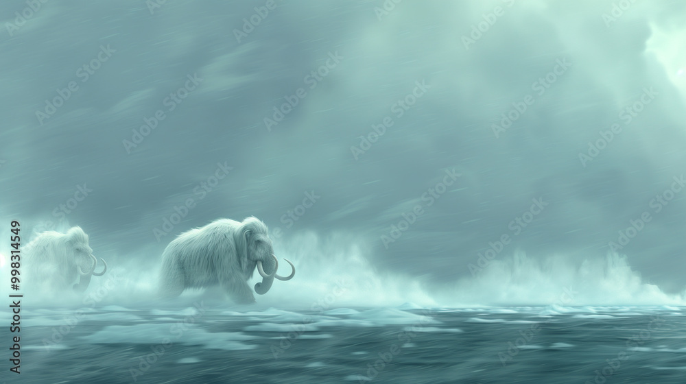 Naklejka premium Two mammoth are running through the water