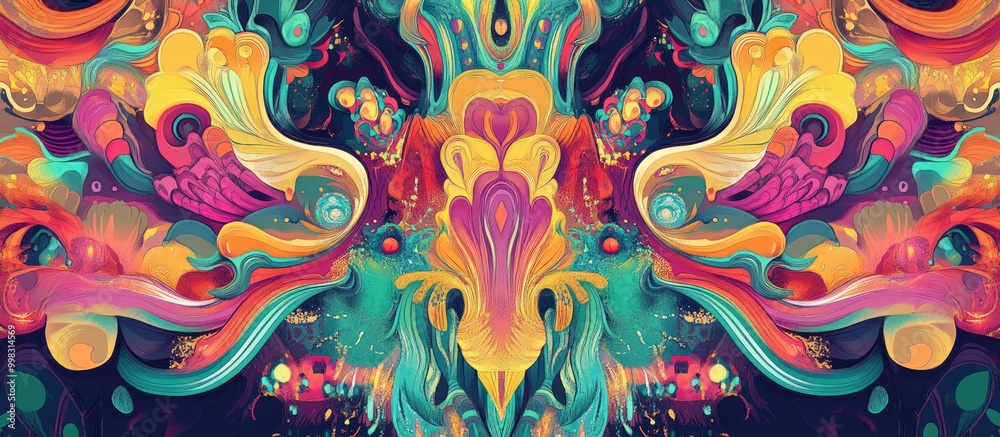 Vibrant symmetrical and surreal background with a whimsical fantasy theme Vibrant symmetrical and surreal background with a whimsical fantasy theme