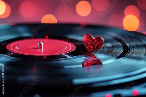 Romantic vinyl record with a glittery heart decoration photo