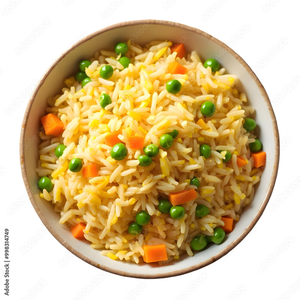 Fried rice with vegetables and chicken isolated on a transparent background