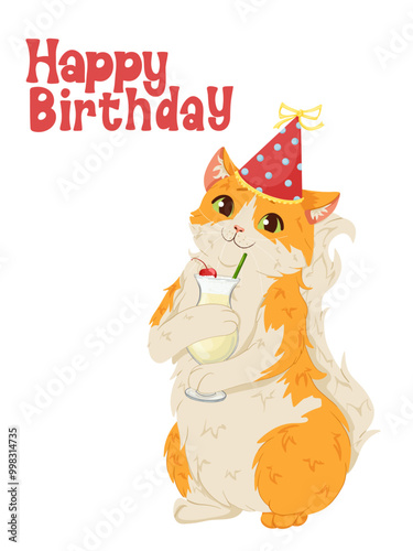 Happy birthday cat. Cat holds a glass with pina colada cocktail and wears a party hat. Funny cartoon vector illustration for postcards, stickers, prints, invitations design, posters