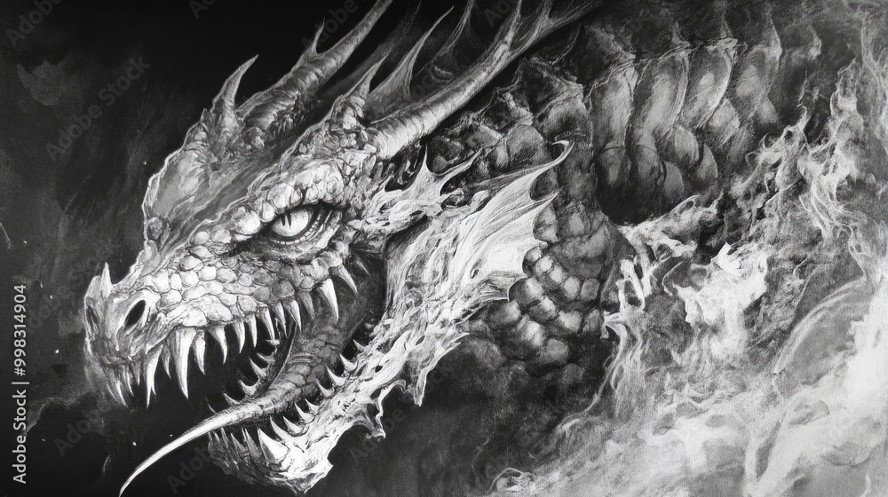 Naklejka premium Surrealistic artwork depicting a dragon s head in a monochromatic black and white style