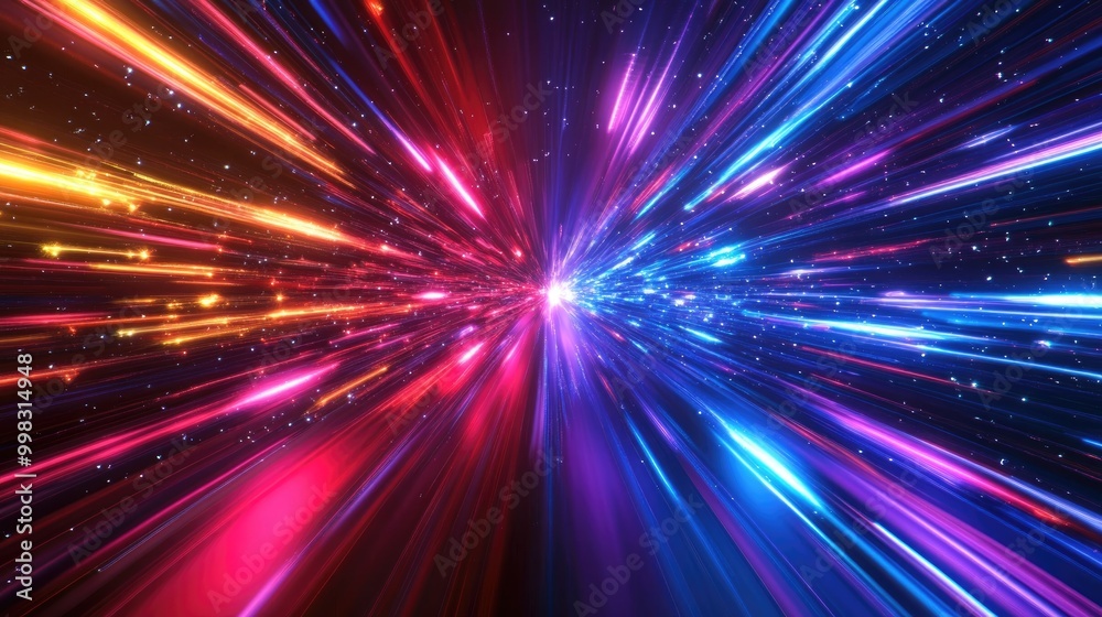 Abstract vibrant neon motion blur background featuring light speed and hyperspace effects with colorful light streaks converging towards an event horizon Abstract vibrant neon motion blur background featuring light speed and hyperspace effects with colorful light streaks converging towards an event horizon
