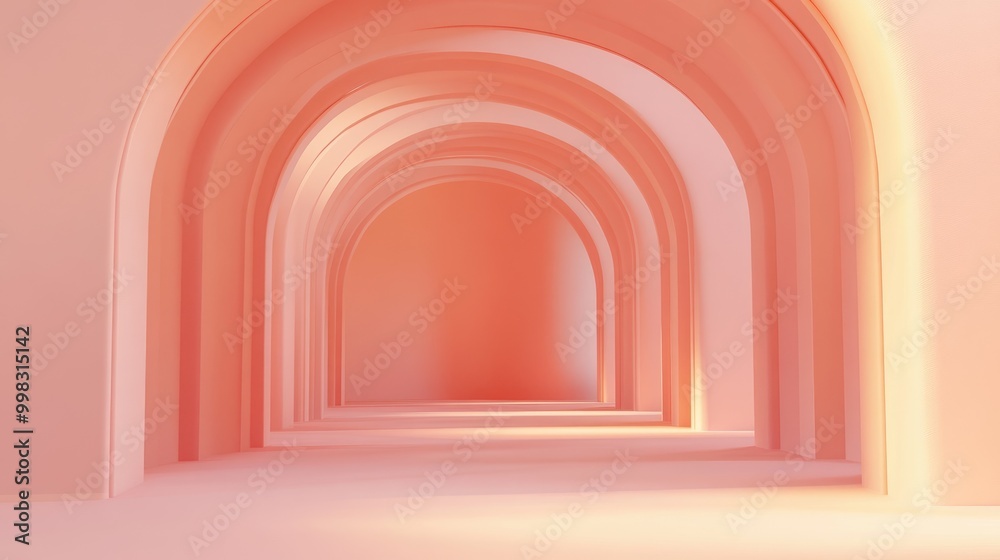 Obraz premium Surreal 3D render of an abstract arch tunnel with a peach pastel vertical background capturing a dreamy interior concept in a soft color palette