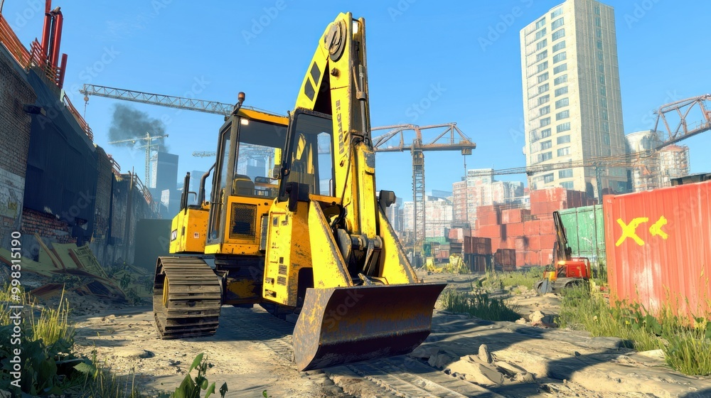Yellow Excavator in a Construction Zone with Buildings and Cranes in the Background Yellow Excavator in a Construction Zone with Buildings and Cranes in the Background