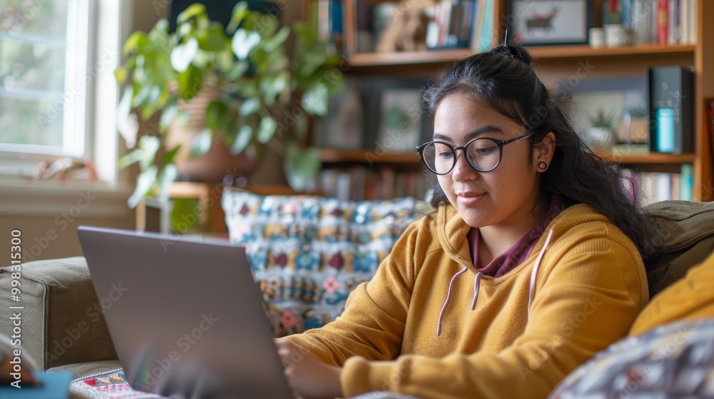 E-Learning at Home: Student Engaged in Online Class via Laptop in Cozy Study Space E-Learning at Home: Student Engaged in Online Class via Laptop in Cozy Study Space