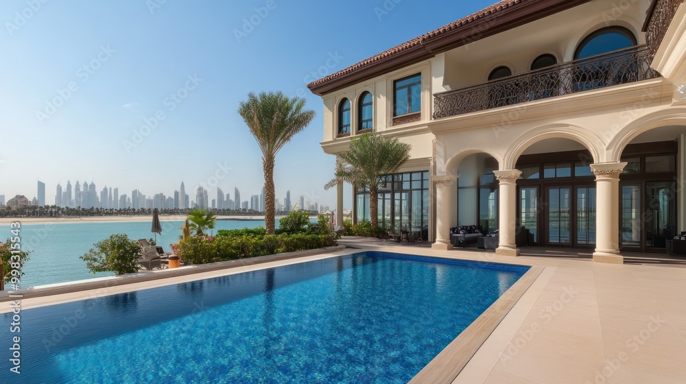 Luxurious villa with a pool overlooking a city skyline and water. Luxurious villa with a pool overlooking a city skyline and water.